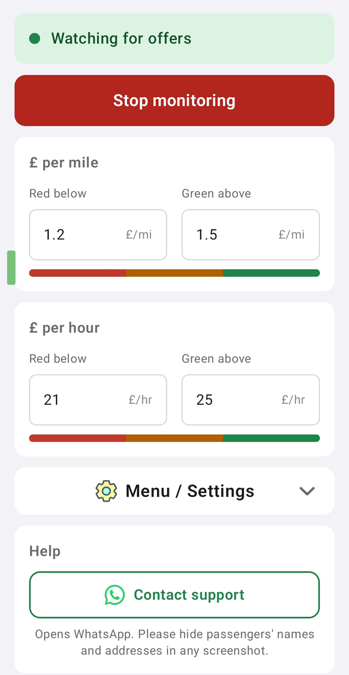The FareClever main screen while watching for offers, with red and green limits for pounds per mile and pounds per hour.