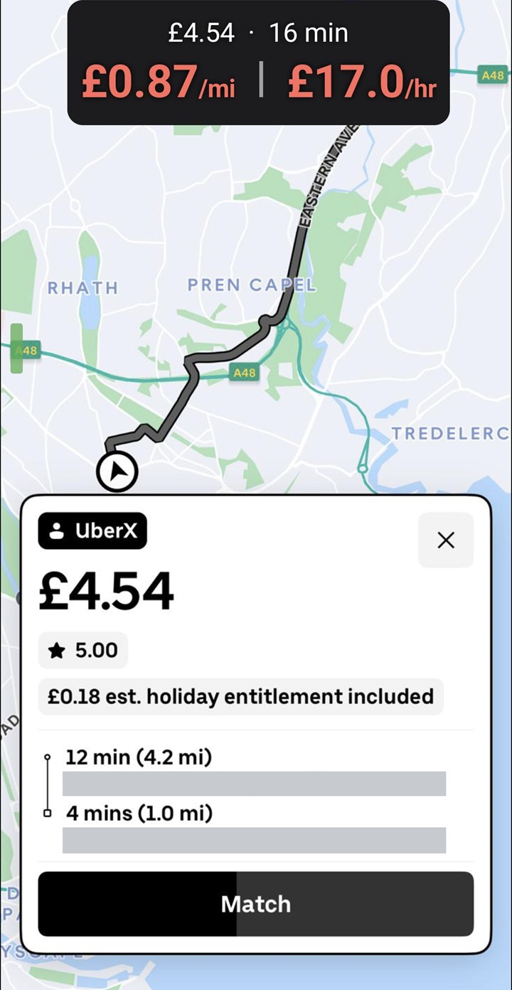 A ride offer on a phone, with the FareClever overlay in night colours showing £4.54 for 16 minutes, £0.87 per mile and £17.0 per hour, both in red. The addresses are covered.